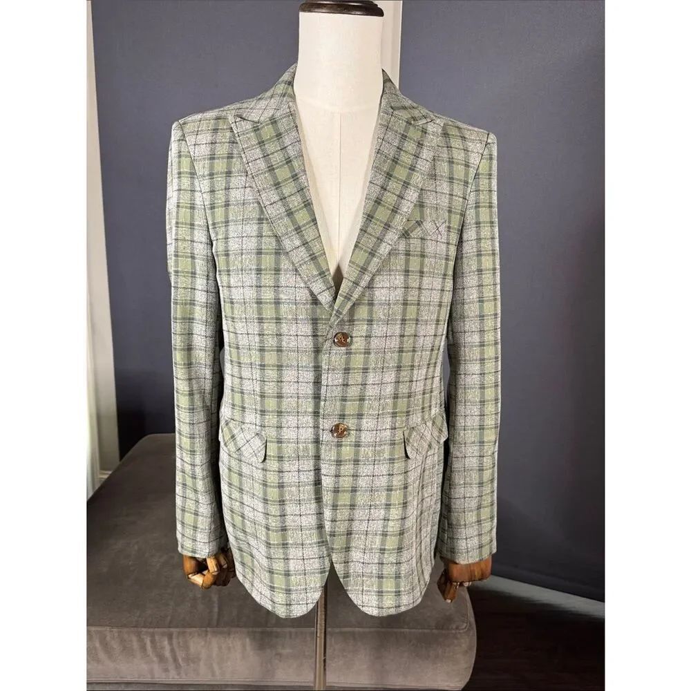 Mens Green Plaid Blazer Two-Button Sport Suit Jacket Coat Peak Lapel Size 40 NWT
